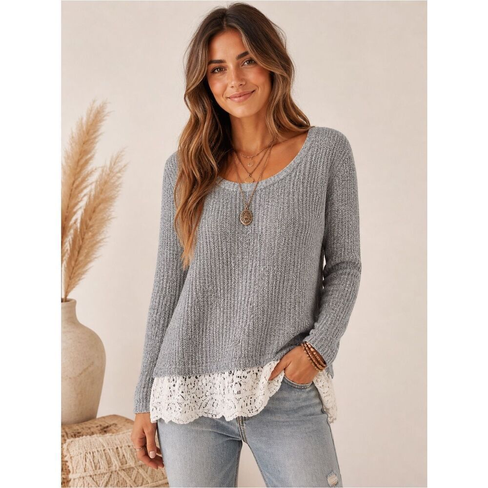 Anthropologie entro Gray Knit Sweater with White Lace Hem Boho Aesthetic